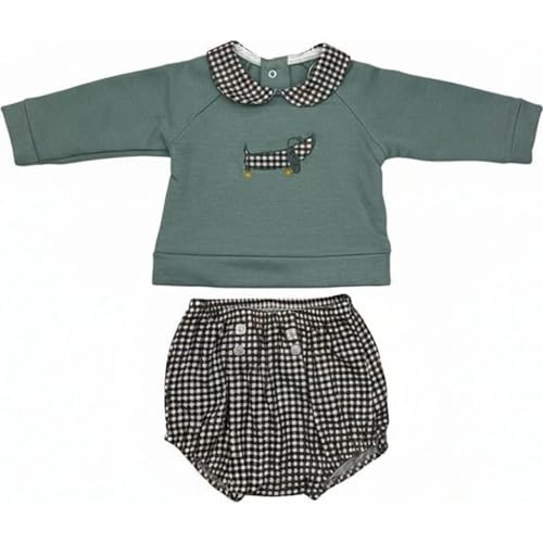 BABIDU | Conjunto Bebé Niño con Sudadera Bordado Perrito y Ranita Vichy, Chandal Felpa Algodón Suave, Cuello Estampado, Ropa Infantil de 6 a 18 Meses, Regalo Recién Nacido