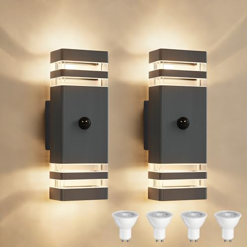YOVGQOLV Outdoor Wall Lights PIR Motion Sensor, IP54 Waterproof Up Down Outside Light Mains Powered for Front Door Porch, Incl. 4x5w 3000K GU10 Bulb, Aluminium Exterior Wall Lamp, Anthracite, 2 Pack