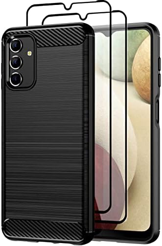 Teayoha Case for Samsung Galaxy A13 5G / A13 4G / A04S, with Tempered Glass Screen Protector [2 Pack], Carbon Fiber Scratch Resistant, Soft TPU Drawing Protective Cases Phone Cover - Black