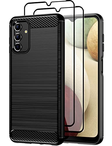 Teayoha Case for Samsung Galaxy A13 5G / A13 4G / A04S, with Tempered Glass Screen Protector [2 Pack], Carbon Fiber Scratch Resistant, Soft TPU Drawing Protective Cases Phone Cover - Black