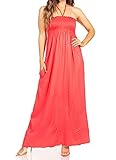 Sakkas 5026 Comfortable Jersey Feel Solid Color Smocked Bodice String Halter Maxi/Long Dress - Coral - X-Large
