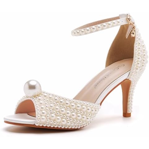 Crystal Queen 3 inches Stiletto Heels Pearls Sandals Peep Toe Bride Wedding Party Dress Shoes Women's Ankle Strap Sandals (Off-White, 39) Cover