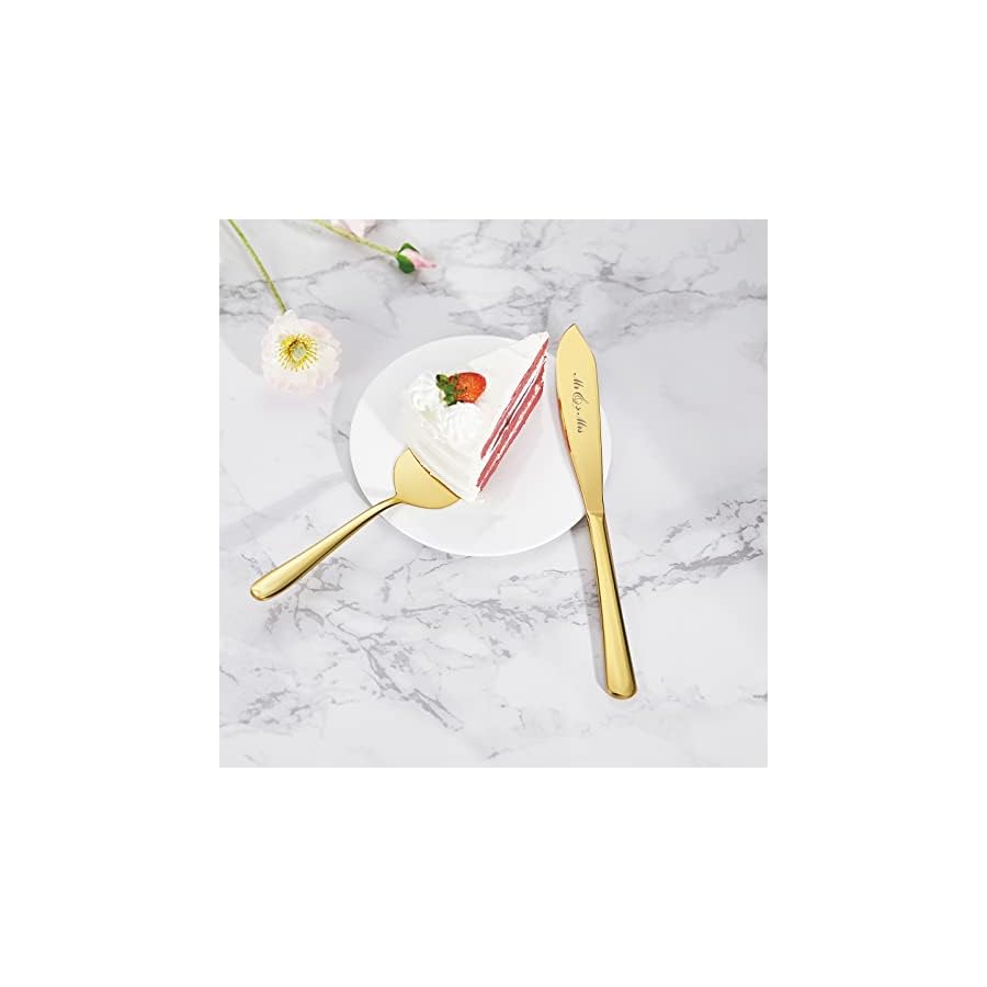 AW BRIDAL Gold Cake Cutting Set for Wedding, Mr Mrs Wedding Cake Knife Cake Pie Pastry Servers Gifts for Couples Wedding, Birthday, Parties and Events
