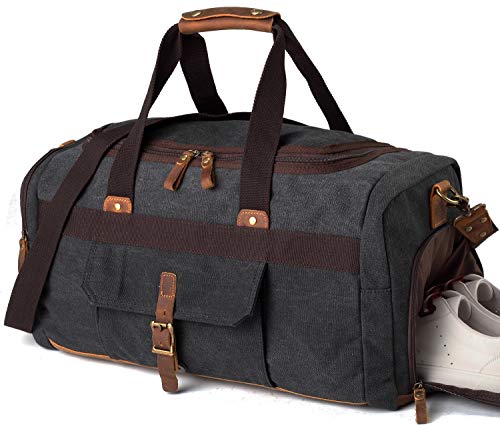 BLUBOON Weekender Overnight Duffel Bag with Shoes Compartment for Women Men Canvas Weekend Travel Tote Carry On Bag (Black)