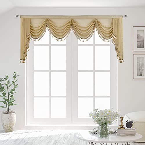 OYRING Beige Sheer Window Curtains Valance for Living Room Waterfall Swag Valance for Bedroom Toppers Curtain Rod Pocket Valance Curtains (1 Panel, W110 Inch)