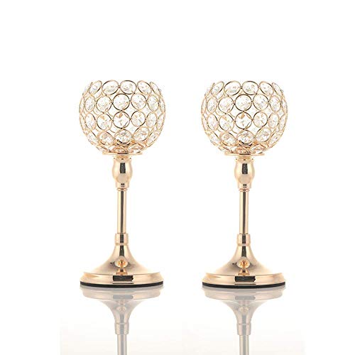 VINCIGANT Gold Crystal Pillar Candlestick Holders Set of 2 for Wedding Coffee Table