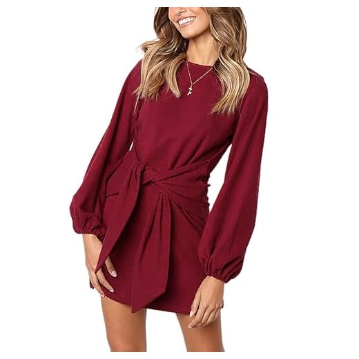PRETTYGARDEN Women’s Elegant Long Lantern Sleeve Short Dress Crewneck Tie Waist Knit Cocktail Dress Wine Red