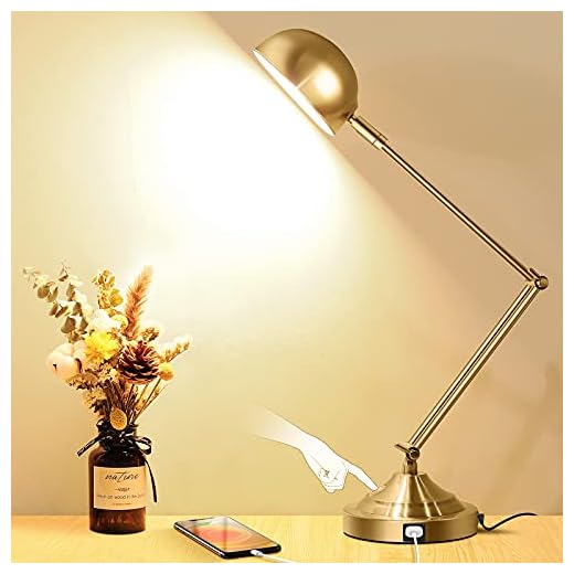 Architect Gold Desk Lamp Dimmable with USB Port, Adjustable Touch Control Vintage Desk Lamp 3 Color Modes, Brass Metal Desk Lamp Retro Style Reading Light for Home Office Desk Bedside Table