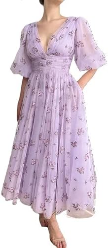 Women's Puffy Sleeve Long Prom Dresses with Pockets Floral V Neck Tulle Princess Evening Party Ball Gowns Tea Length for Formal