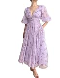 Women's Puffy Sleeve Long Prom Dresses with Pockets Floral V Neck Tulle Princess Evening Party Ball