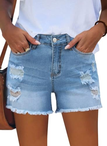 FEKOAFE Women's Denim Shorts 2026 Causal Mid Waisted Stretchy Ripped