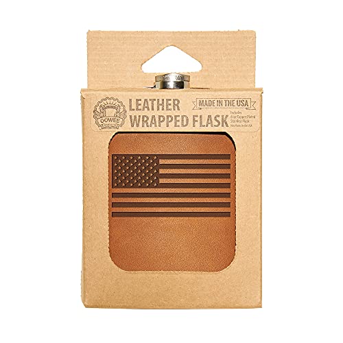 Oowee Products | American Flag Leather Wrapped Flask | Box Set | Comes With An 8 Ounce Copper Plated Flask| Genuine Leather | Made In The Usa #TOP2