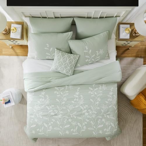 MaiRêve Green Embroidery Comforter Set King Size with Sheets 7 Pieces, Floral Farmhouse King Size Bedding Set, All Season Bedding Set with Comforters, Sheets, Pillowcases & Shams, Bed in A Bag King - Image 6