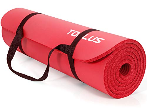 TOPLUS - Esterilla de gimnasia gruesa, sin ftalatos, antideslizante y respetuosa con las articulaciones, para yoga, pilates, deporte, con práctica correa de transporte, 183 x 61 x 1 cm, color rojo