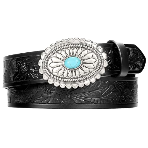 Image of XZQTIVE Women Western Leather Belt Vintage Country Belts For Cowgirl Jeans Dresses Ladies Concho Belt With Turquoise Buckle