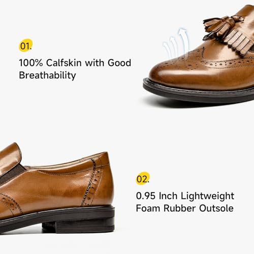 Image of BEAU TODAY Tassel Loafers for Women,Leather Brogue Dress Shoes,Wingtips Oxford for Women,Breathable Comfortable Slip-on Lace-up Handmade Flat Shoes for Business Work