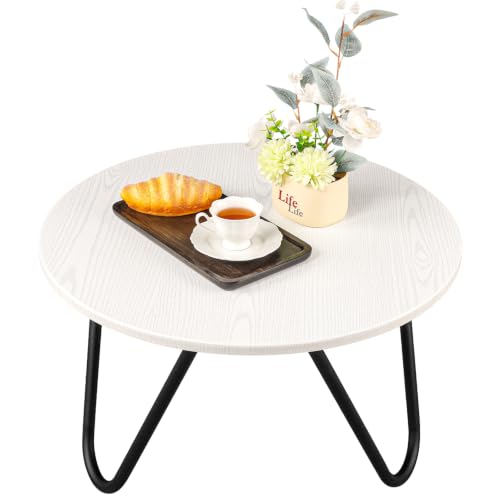 Image of Small Round Coffee Table for Living Room Wooden Circlar Coffee Table with Steel Legs Mid-Century Modern Center Table for Small Space Bedroom Home Office White