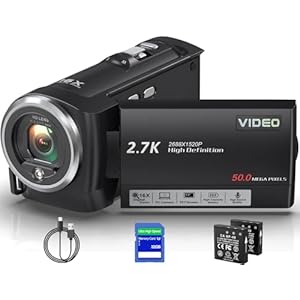 Camcorder Video Camera QHD 2.7K 50MP 16X Digital Zoom Vlogging Camera with LED Fill Light for YouTube, 2.8 Inch 270 Degree Rotation LCD Screen Camcorder with 32GB SD Card and Two Batteries
