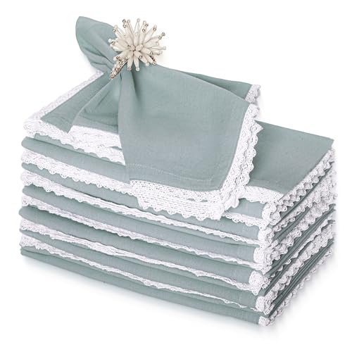 FINGERCRAFT Lace Cloth Napkins, Cotton Linen, 4 Pack, 20x20 Inch,Aqua