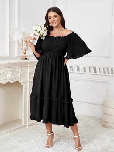Image of SCOMCHIC Women's Plus Size Maxi Dresses Summer Short Sleeve Square Neck Smocked Wedding Guest Cocktail Boho Long Dress