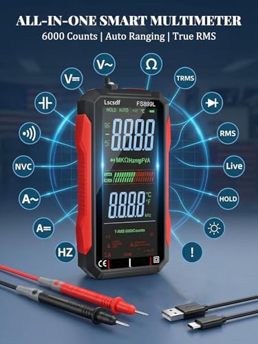 Image of USB Rechargeable Digital Multimeter 6000 Counts Large Color Screen & Backlight FS899L Smart Auto Ranging Multimeter True RMS Digital Voltmeter Multi Meter Digital Tester for Automotive Home