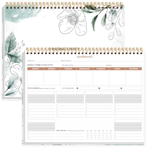 Weekly Productivity Planner - 8.5" x 11" Dashboard Desk Notepad Has 6 Focus Areas to List Tasks for Goals, Projects, Clients, Academic or Meal-Organize Your Daily Work Efficiently, 54 Weeks, Blue Flower