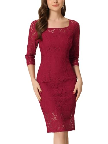 Image of Allegra K Lace Dress for Women's Elegant 3 /4 Sleeve Square Neck Bodycon Cocktail Dresses