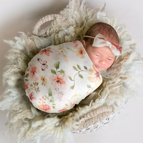Image of LifeTree Baby Muslin Swaddle Blankets for Boys & Girls, Newborn Swaddle Set with Matching Headband Bow, Infant Blanket Wrap, 47 x 47 inches, Butterfly Floral, 70% Viscose from Bamboo and 30% Cotton