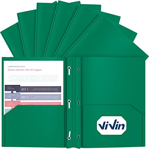 ViVin Sturdy 12-Pack Plastic Folders, Folder with Pockets and Prongs, 2 Pocket Poly File, Plastic Folders with 3-Prong Fasteners, fits 8.5 * 11 Letter Size Paper, for School-Home-Office Use (Green)
