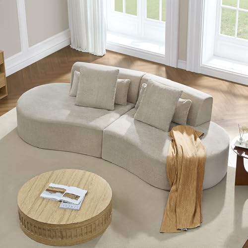 Image of CHITA Curved Sectional Sofa with Lumbar Pillows, Modular Cloud Boneless Couch with 2 Throw Pillows, Modern Comfy Chenille Loveseat for Living Room, Bedroom, Office, No Assembly Required, Pearl Gray