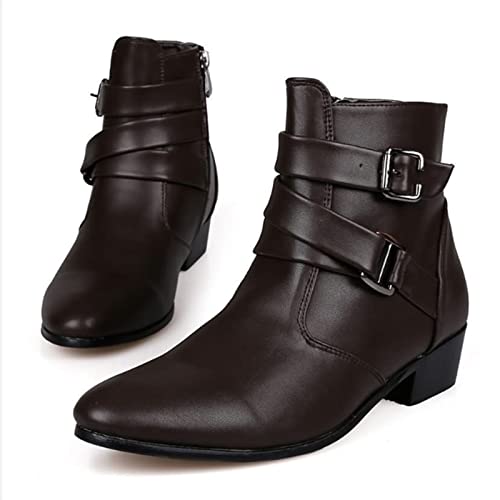 Men's Leather Pointed Toe Chelsea Boots,Buckle Straps Side Zipper Chunky Low Heel Western Formal Dress Boots Ankle Boots4
