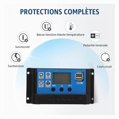 Fockety Kit Panneau Solaire 15W, avec régulateur de PWM 50A 12V/24V, Panneau Solaire Haute efficacité pour Bateau, Caravane, Camping-Car et Autres Applications Hors réseau