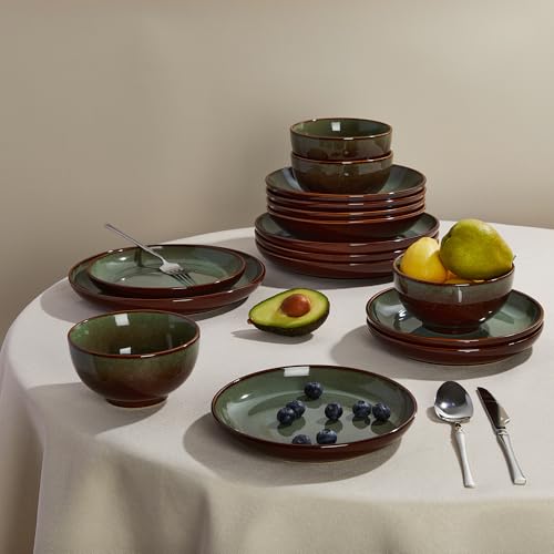 Image of Pokini 24 Piece Double Bowl Dinnerware Sets with Pasta Bowls, Highly Chip and Crack Resistant Plates and Bowls Sets, Natural Earthyware Ceramic Dishware Sets, Service for 6 Brown Green