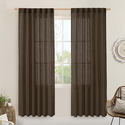 LAMIT Dark Brown Sheer Linen Curtains, Light Filtering Drapes 2 Panels