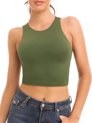 BryticFlow Damen Crop Top Sportshirt – Doppellagig mit High Neck & Racerback – Atmungsaktives Fitness Tanktop für Yoga, Gym und Laufen 2er Pack Schwarz/Grün L