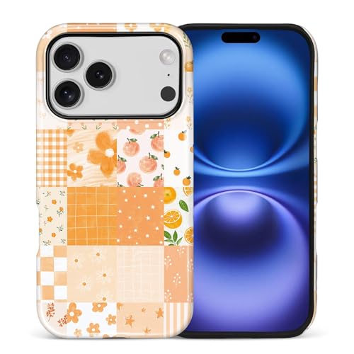 Joli étui iPhone 17 Pro antichoc - Coque de téléphone esthétique patchwork orange