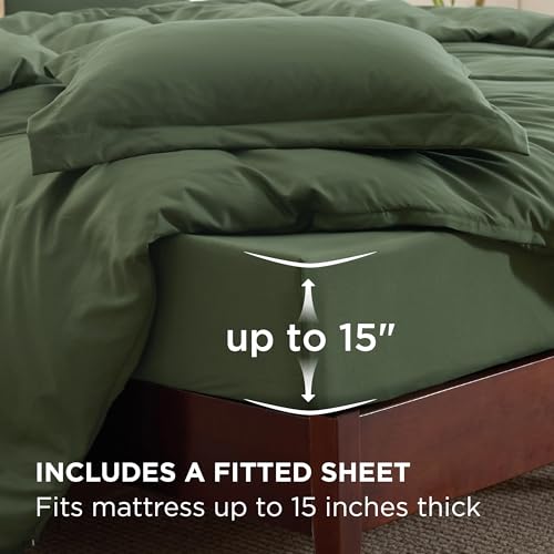 Image of Bedsure Duvet Cover with Fitted Sheet King - 6 Pieces, Deep Pocket, Hotel Luxury Soft Double Brushed Bedding Set, 1 Duvet Cover, 1 Fitted Sheet, 2 Pillow Shams, 2 Pillowcases, NO Comforter, Green