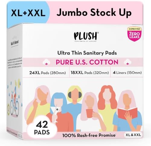 Plush Ultra-Thin Sanitary Napkins for Women, 42 Pcs | SUPER SAVER PACK | 24 XL Pads (Light-Medium Flow), 18 XXL Pad (Heavy Flow), 4 Panty Liners | 100% Rash-Free | Pure U.S. Cotton Sanitary Pads | No Fragrance | No Toxic-Chemicals
