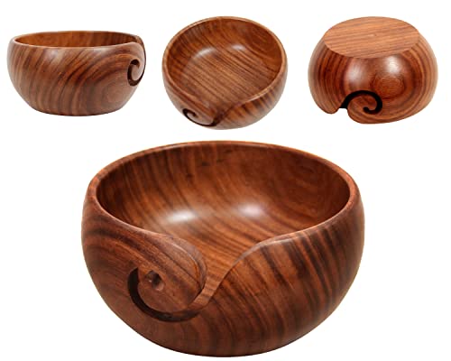 Image of Humaira Nautical Wood Yarn Bowl with Lid, Crochet & Knitting Yarn Holder, 6x3in, Brown Mango Wood