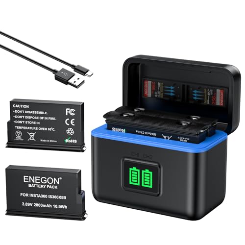 ENEGON Batería Insta 360 X5 Set, Capacidad - 2800 mAh, 2 Unidades por Set, Equipado con un práctico Cargador de Almacenamiento con Pantalla LCD