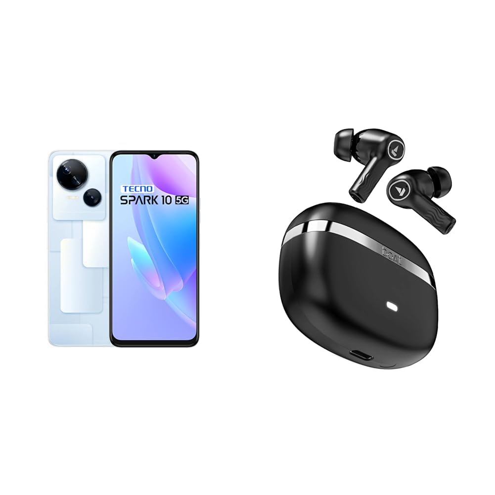 Tecno Spark 10 5G (Meta White, 4GB RAM,64GB Storage)|8G & Boat Nirvana Ion with 120 Hrs Playb