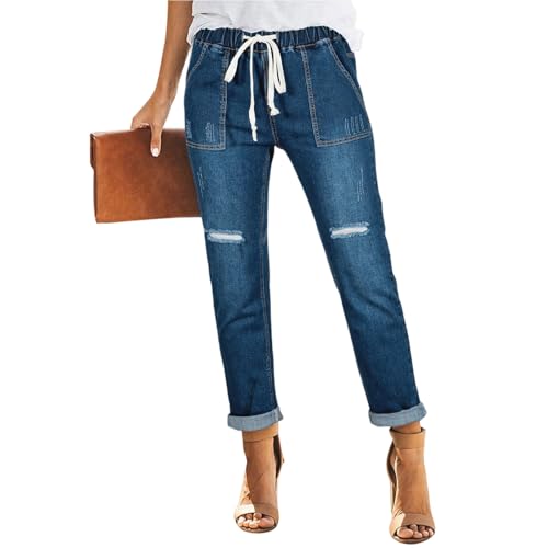 Pull on Distressed Jeans for Women High Waist Ripped Cropped Skinny Jean Drawstring Ankle Denim Pants with Pockets2