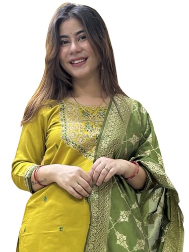 Image of VredeVogel Women's Embroidered Chanderi Silk Jacquard Straight Kurta Pant Set with Dupatta | Perfect for Festive & Casual Ethnic Wear Kurta Set