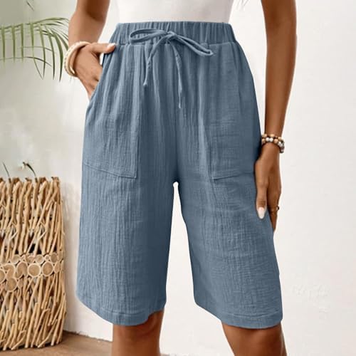 APRDFEU Bermuda Shorts for Women Knee Length High Waisted Baggy Shorts with Pockets Cotton Linen Summer Casual Lounge Outfits