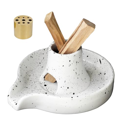 BEYLAB - Soporte de incienso de cerámica, quemador de incienso 3 en 1 para Palo Santo, cuenco de salvia, conos de bobina, recuperador de cenizas extraíble de latón para meditación y yoga, color blanco