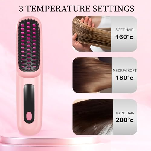 Go Brush Pro for Short Hair 2026, Portable Straightener Brushs for Travel, with LCD Temperature Display, Fast Heating Cordless Mini Hair Brushs (Pink) — view 3