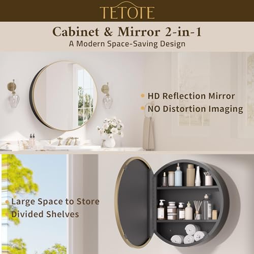 Image of TETOTE Gold Round Bathroom Medicine Cabinet with Mirror 24 x 24 Metal Framed Medicine Cabinet with Storage Adjustable Shelves Farmhouse Wall Mirror with Storage Surface Mounted