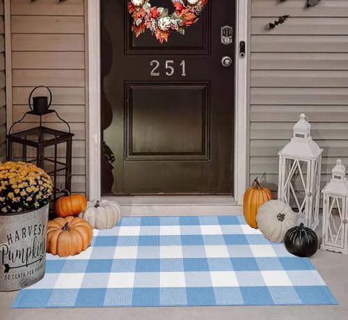 Buffalo Plaid Outdoor Rug 27.5"x43.3",Light Blue White Layered Doormat
