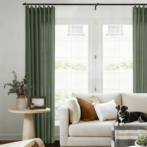 Olive Green Pinch Pleated Linen Curtains 96 Inches Long for