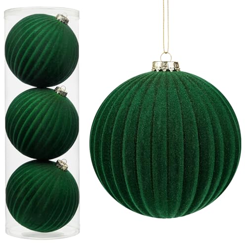 6" Extra Large Velvet Christmas Ball Ornaments Set of 3, Oversized Flocked Ornaments for Xmas Tree Mantel Centerpieces Bowl Fillers, Big Deep Green Christmas Ornament for Winter, Holiday, Party Decor